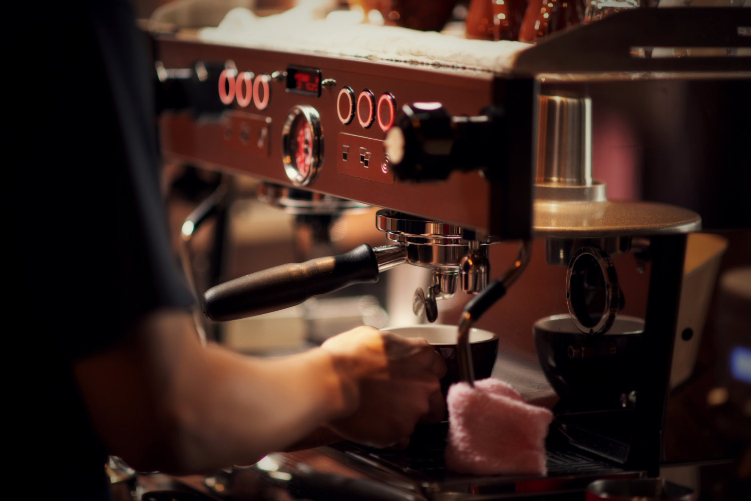 Close Up Barista Making Cappuccino Bartender Preparing Coffee Drink