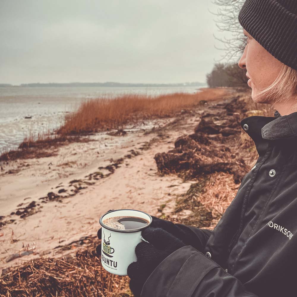 Travelling Ubuntu Koppie Winter At Beach With Hot Coffee Lolland Denmark