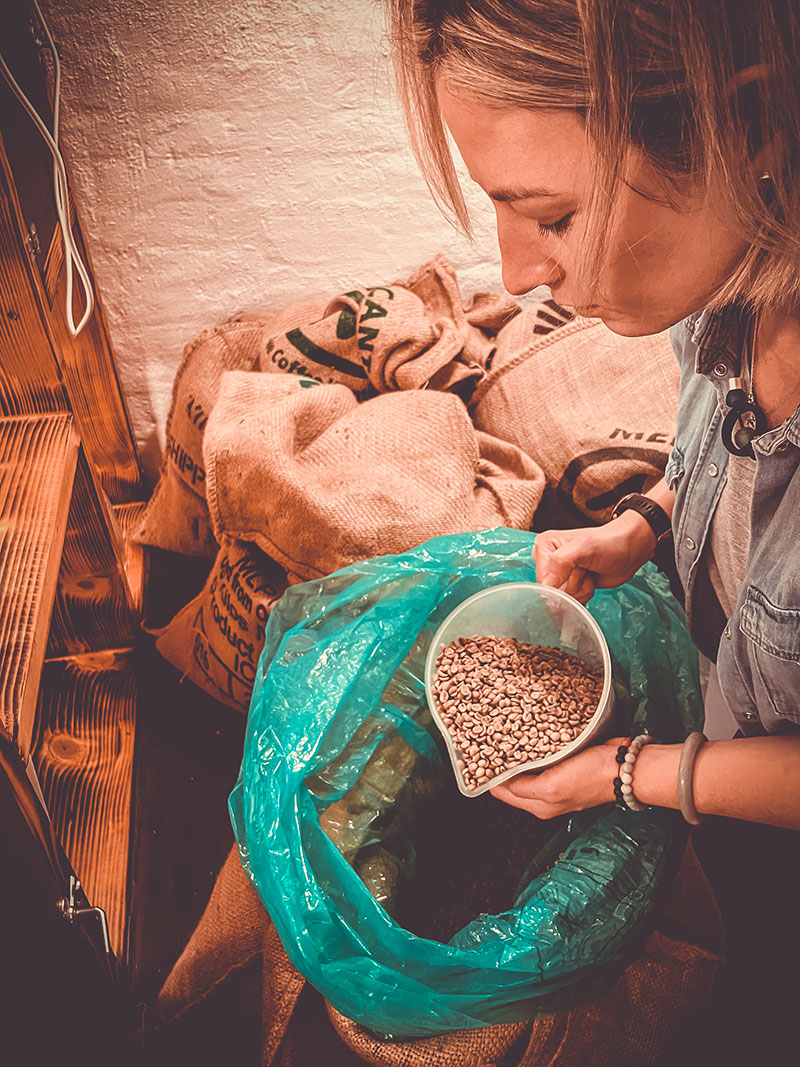 Ubuntu Coffee Caryn With Fresh Green Beans In Coffee Bags